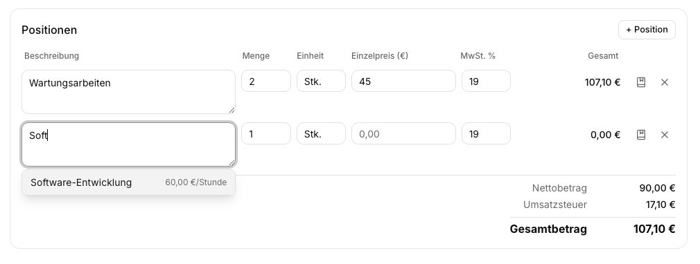 Autocomplete-Dropdown in der Rechnungserstellung: Vorschlag 'Software-Entwicklung' mit Preis und Einheit